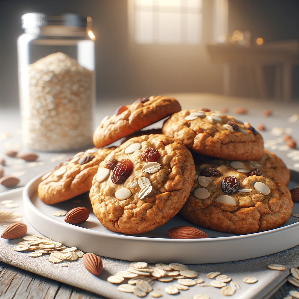 DALL·E 2024-01-02 19.04.32 - A realistic image of protein oatmeal cookies on a plate, focusing on the cookies detailed texture and appearance. The cookies should look freshly bak